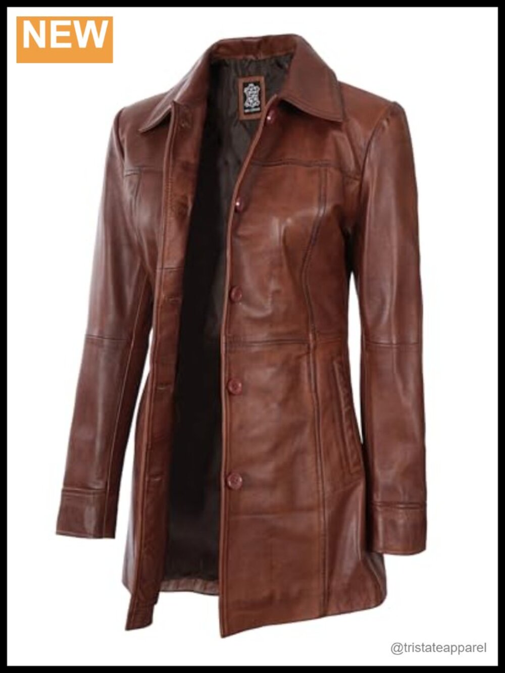 Women's 3/4 Length Lambskin Leather Car Coat with Button Closure